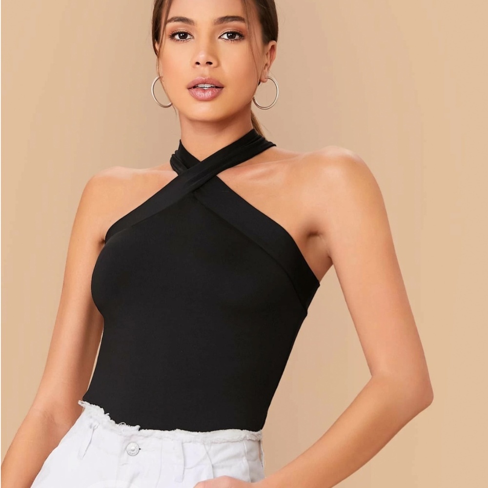 Black Halter Tank Top Criss Cross Slim Fit Stretchy